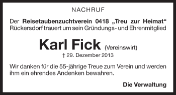 Traueranzeige von Karl Fick von Pegnitz-Zeitung